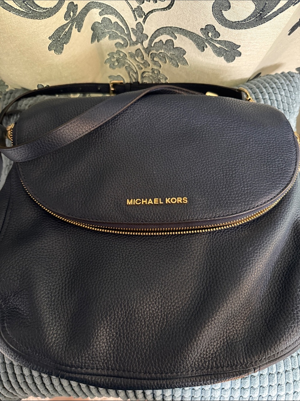 Michael Kors Navy Pebbled Leather Saddle Crossbody with Gold Hardware